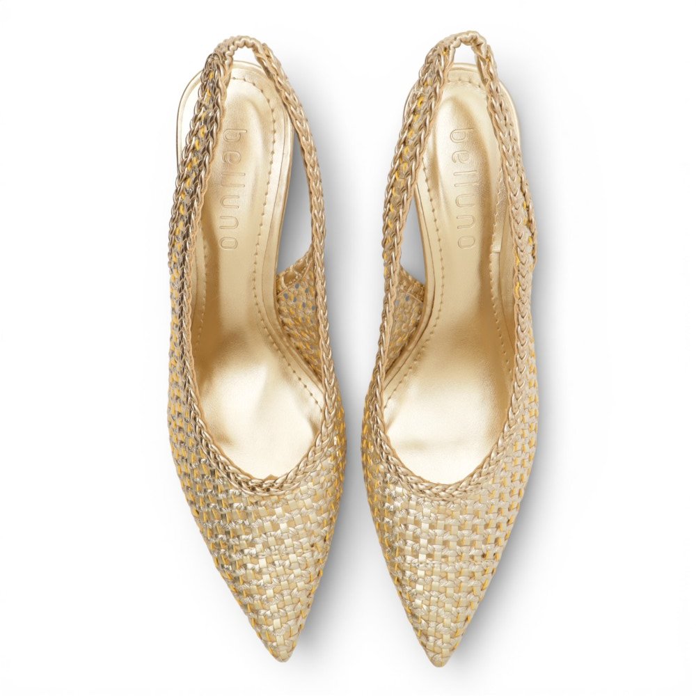 Scarpin Belluno Slingback Salto Alto Fino Vazado Tressê Ouro 5