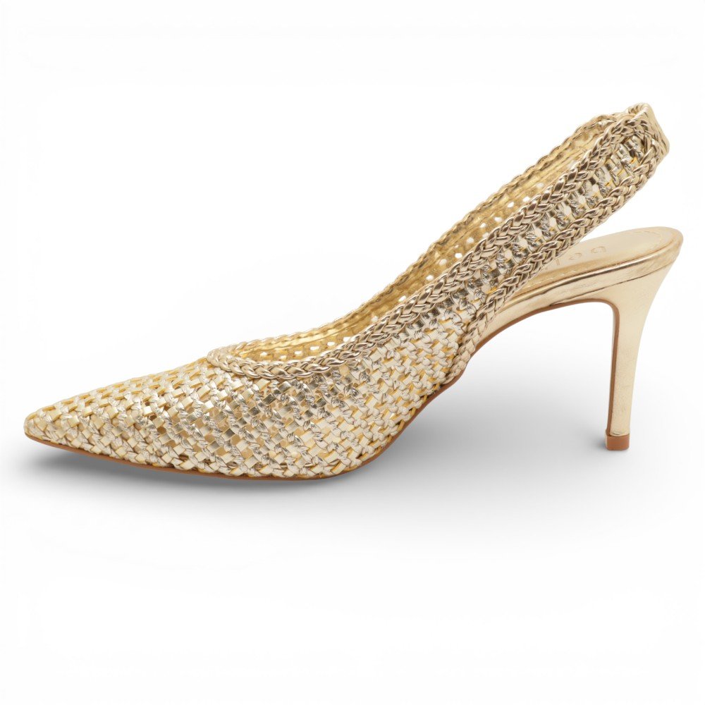 Scarpin Belluno Slingback Salto Alto Fino Vazado Tressê Ouro 6