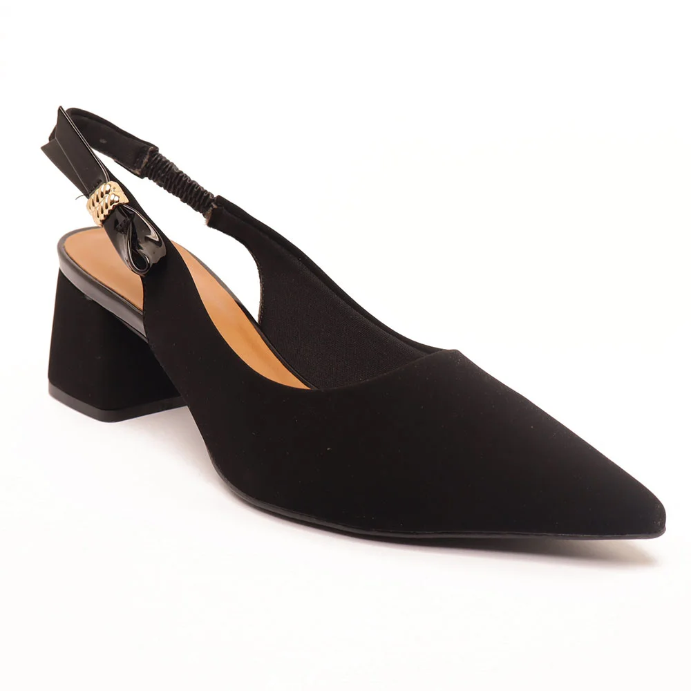 Slingback Sapato da Corte Salto Bloco Médio Bico Fino Preto 2