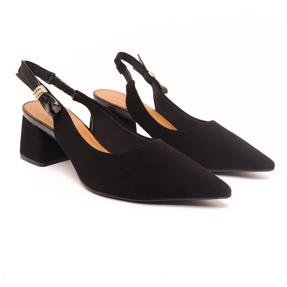 Slingback Sapato da Corte Salto Bloco Médio Bico Fino Preto 3