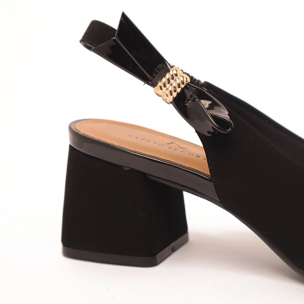 Slingback Sapato da Corte Salto Bloco Médio Bico Fino Preto 7