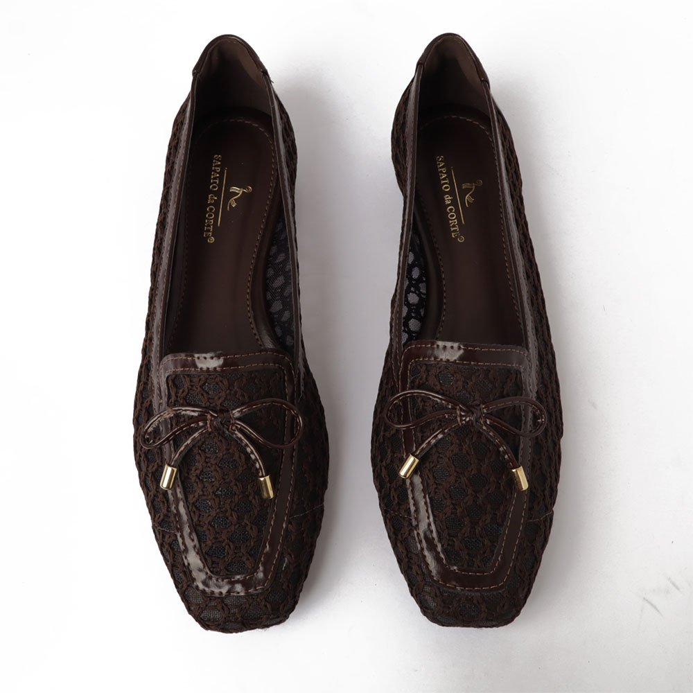 Mocassim Sapato Da Corte Tela Bico Quadrado Laço Café 5