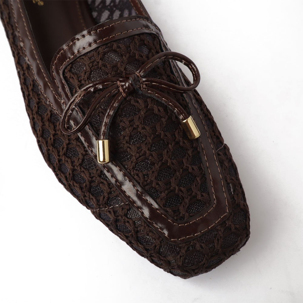 Mocassim Sapato Da Corte Tela Bico Quadrado Laço Café 7