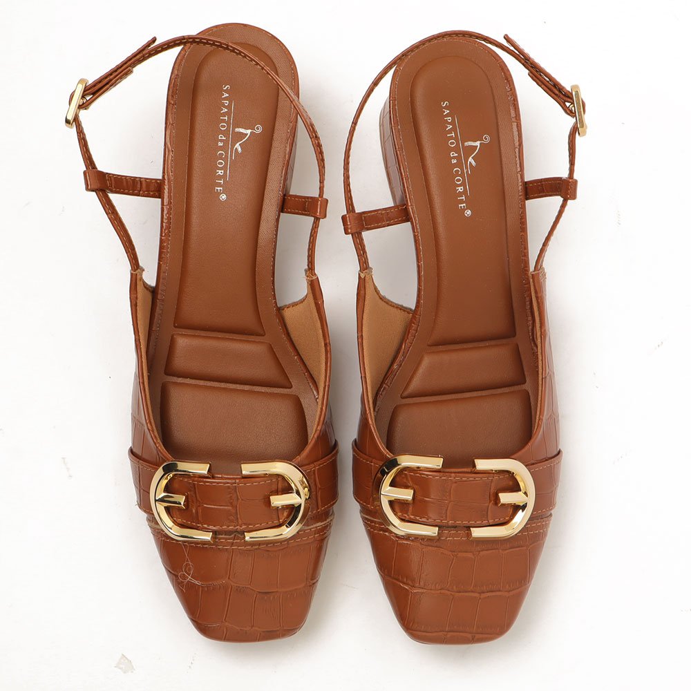 Slingback Sapato Da Corte Salto Bloco Baixo Tira Transversal Fivela Caramelo 5