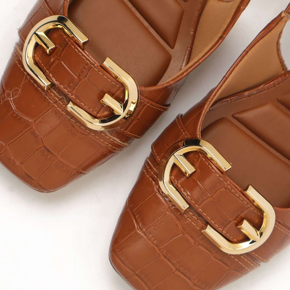 Slingback Sapato Da Corte Salto Bloco Baixo Tira Transversal Fivela Caramelo 7