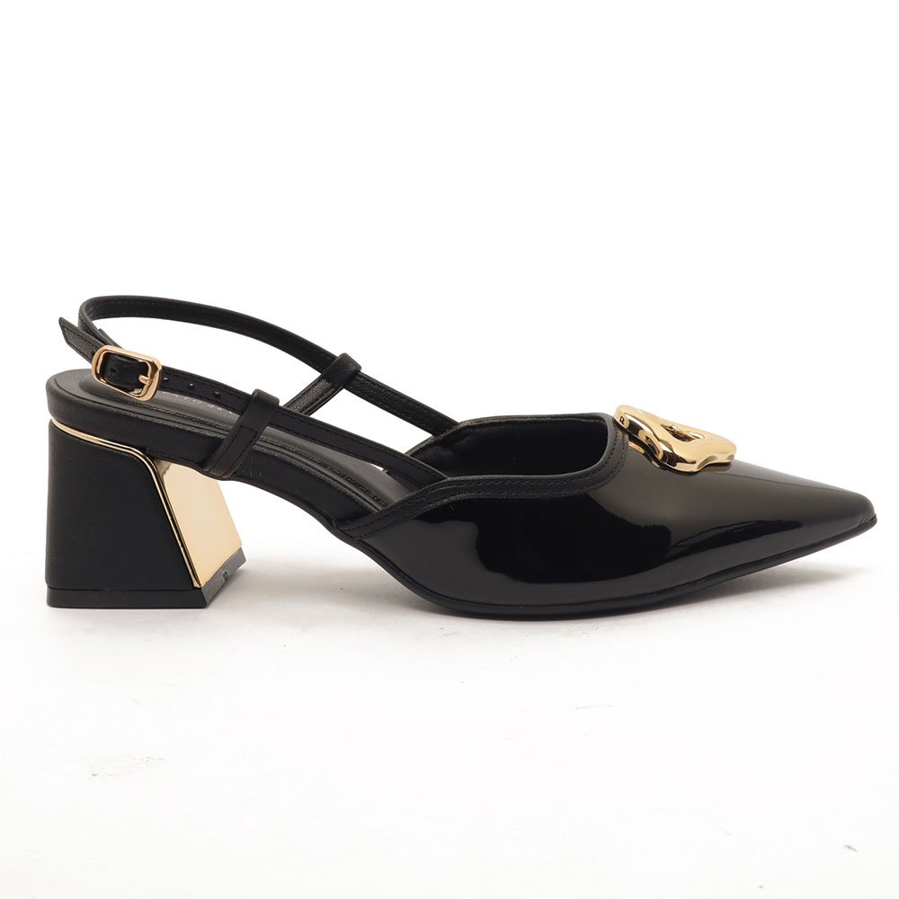 Slingback Sapato Da Corte Salto Bloco Médio Detalhe Cromado