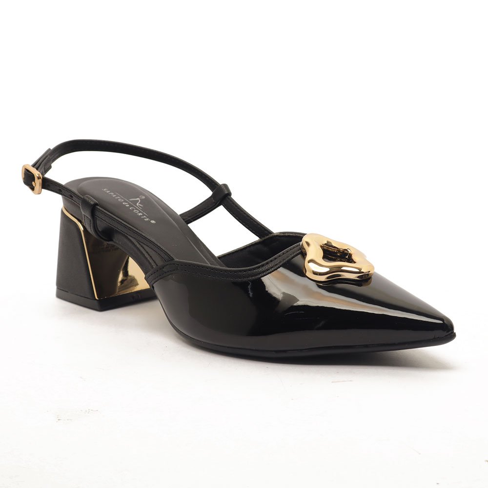 Slingback Sapato Da Corte Salto Bloco Médio Detalhe Cromado Preto 2