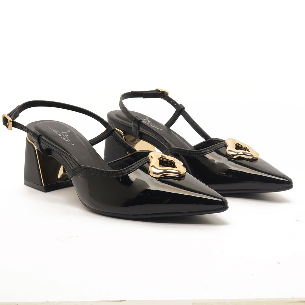 Slingback Sapato Da Corte Salto Bloco Médio Detalhe Cromado Preto 3