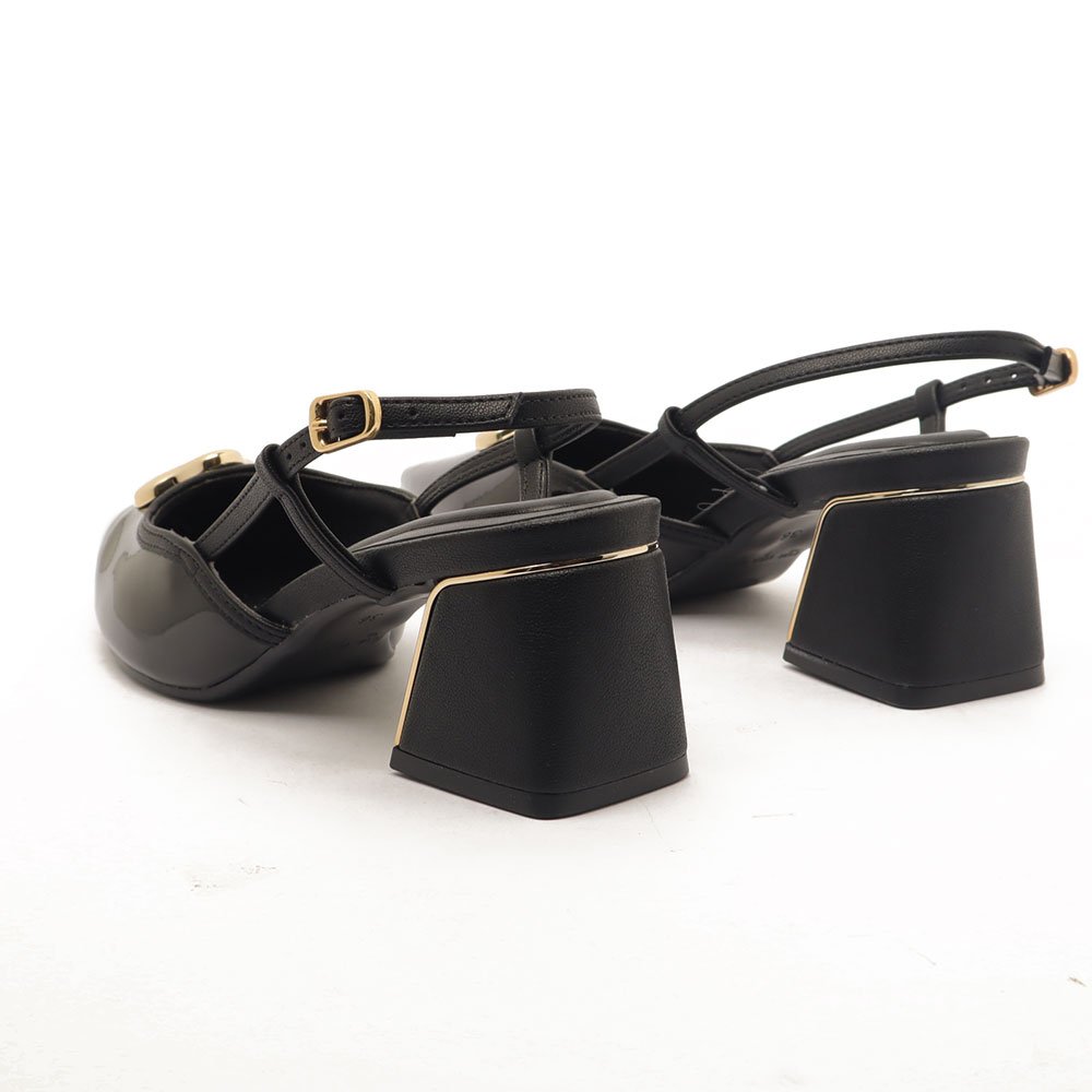 Slingback Sapato Da Corte Salto Bloco Médio Detalhe Cromado Preto 4