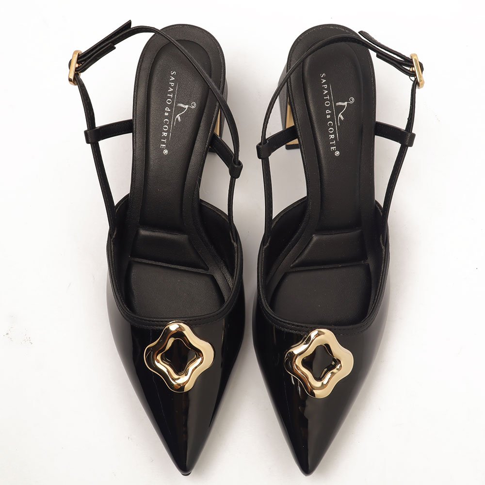 Slingback Sapato Da Corte Salto Bloco Médio Detalhe Cromado Preto 5