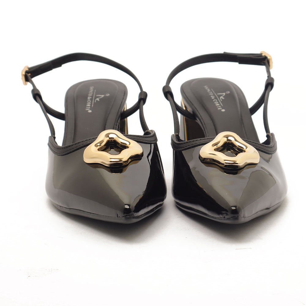 Slingback Sapato Da Corte Salto Bloco Médio Detalhe Cromado Preto 8