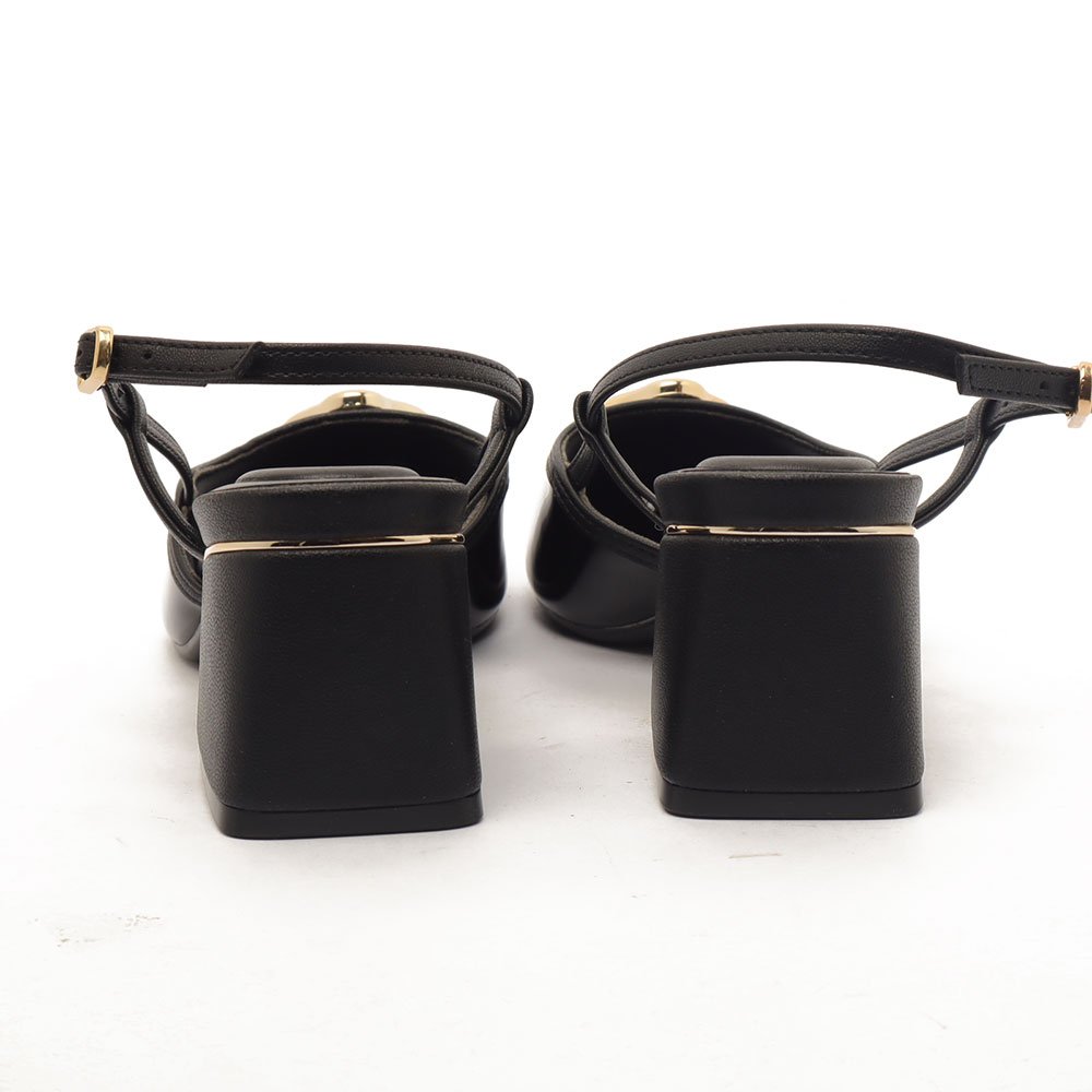 Slingback Sapato Da Corte Salto Bloco Médio Detalhe Cromado Preto 9