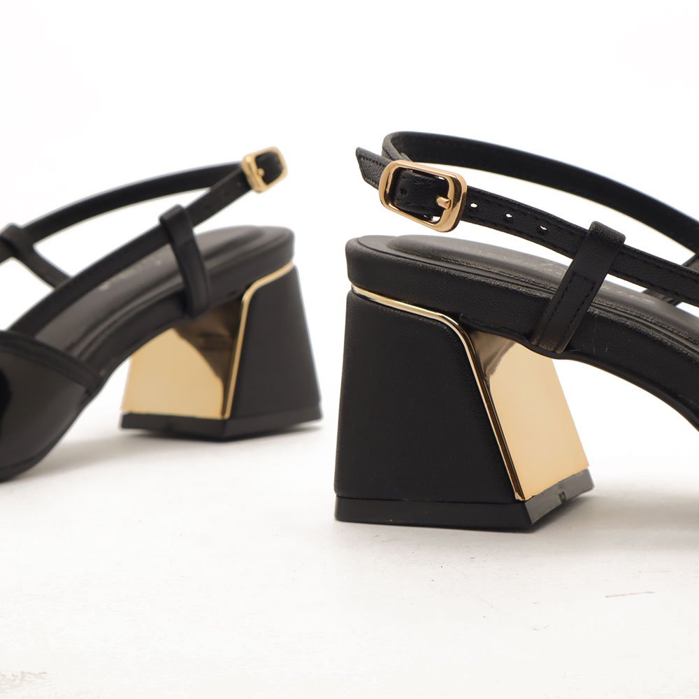 Slingback Sapato Da Corte Salto Bloco Médio Detalhe Cromado Preto 10