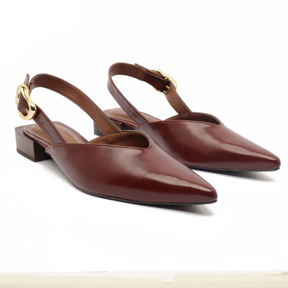 Slingback Sapato Da Corte Salto Baixo Quadrado Fivela Marrom 3