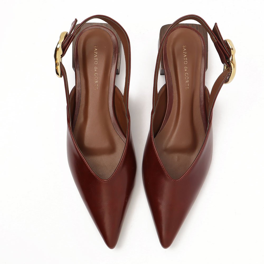 Slingback Sapato Da Corte Salto Baixo Quadrado Fivela Marrom 5