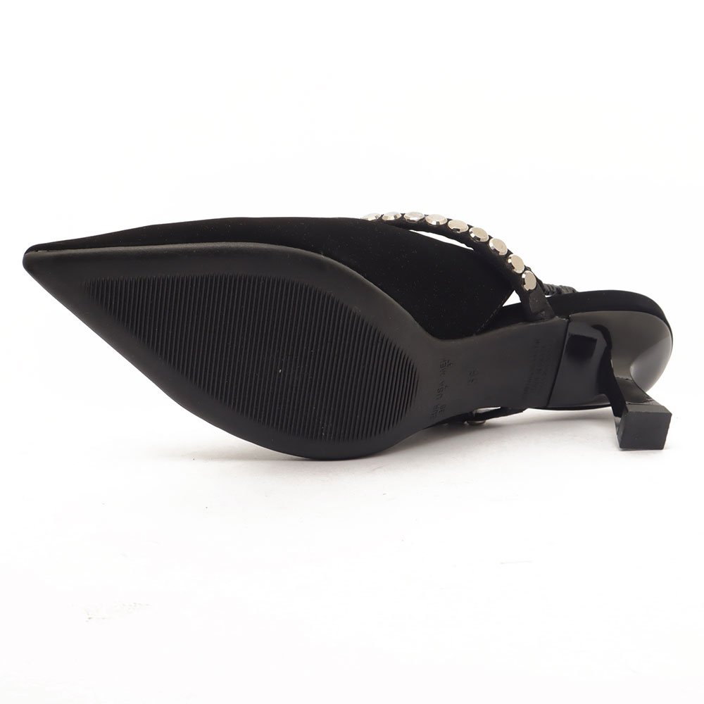 Slingback Sapato Da Corte Salto Fino Médio Tira Transversal Strass Preto 11