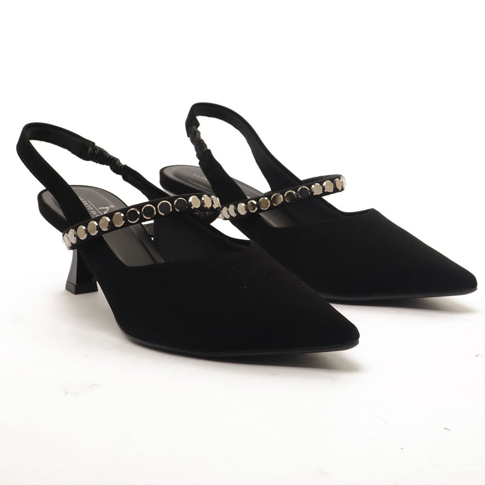 Slingback Sapato Da Corte Salto Fino Médio Tira Transversal Strass Preto 3