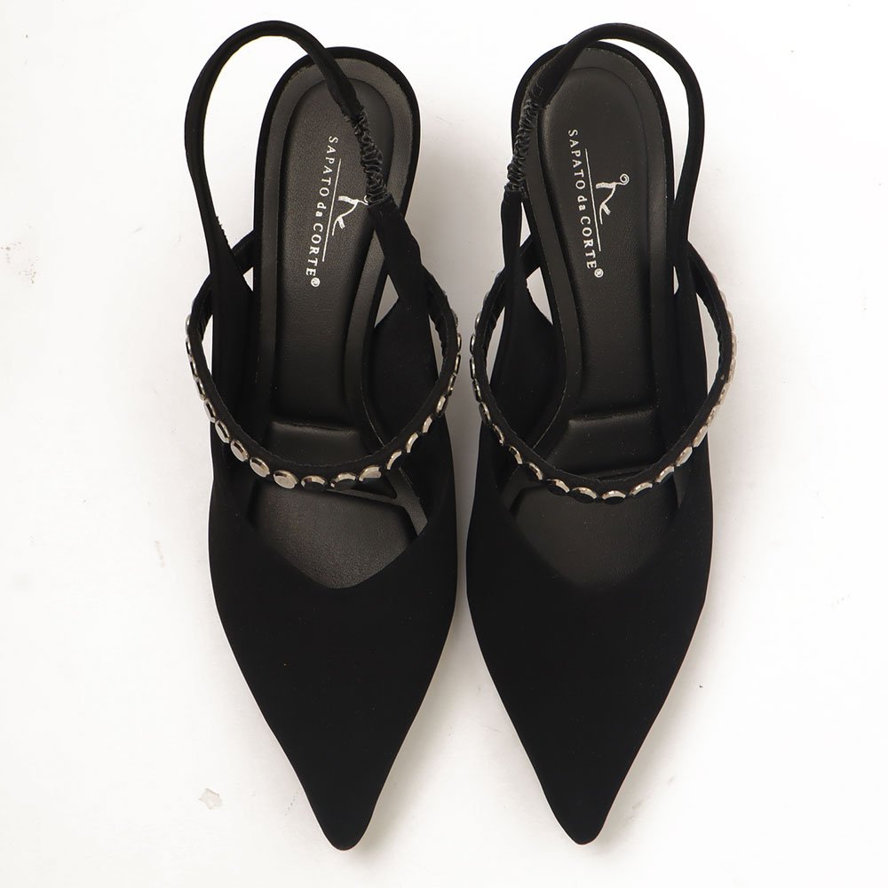Slingback Sapato Da Corte Salto Fino Médio Tira Transversal Strass Preto 5