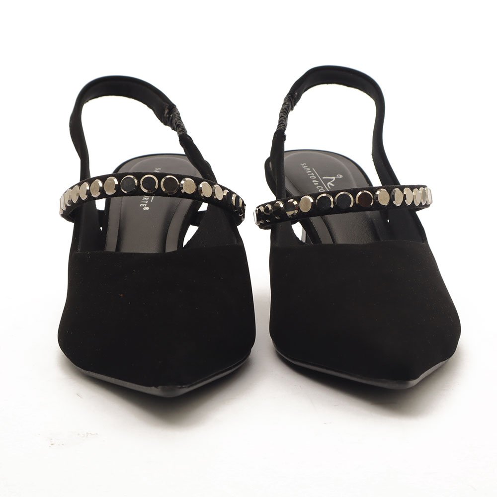 Slingback Sapato Da Corte Salto Fino Médio Tira Transversal Strass Preto 9