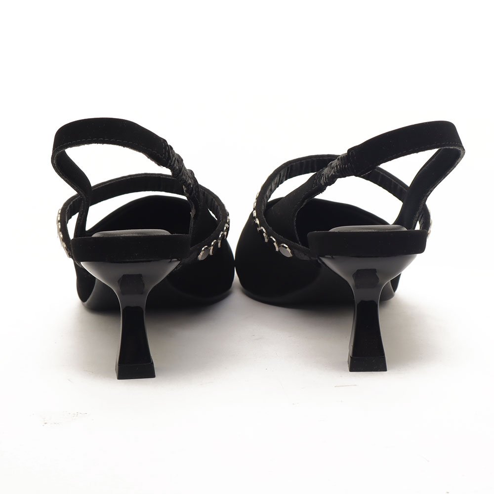 Slingback Sapato Da Corte Salto Fino Médio Tira Transversal Strass Preto 10
