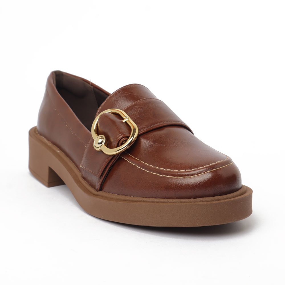 Mocassim Feminino Sapato Da Corte Sola Alta Fivela Lateral Marrom 2