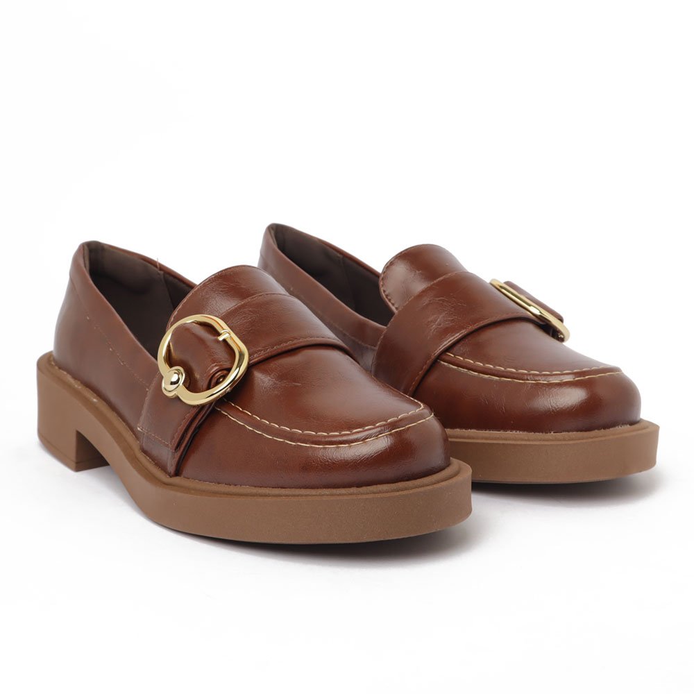 Mocassim Feminino Sapato Da Corte Sola Alta Fivela Lateral Marrom 3