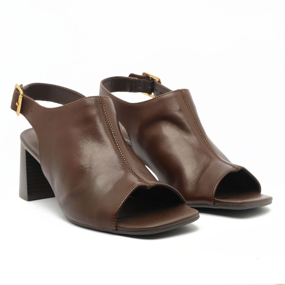 Sandália Giulia Domna Couro Salto Bloco Médio Peep Toe Marrom 3