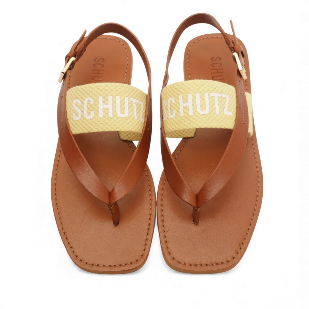 Sandália Flat Schutz Bico Quadrado Pesponto Caramelo 5