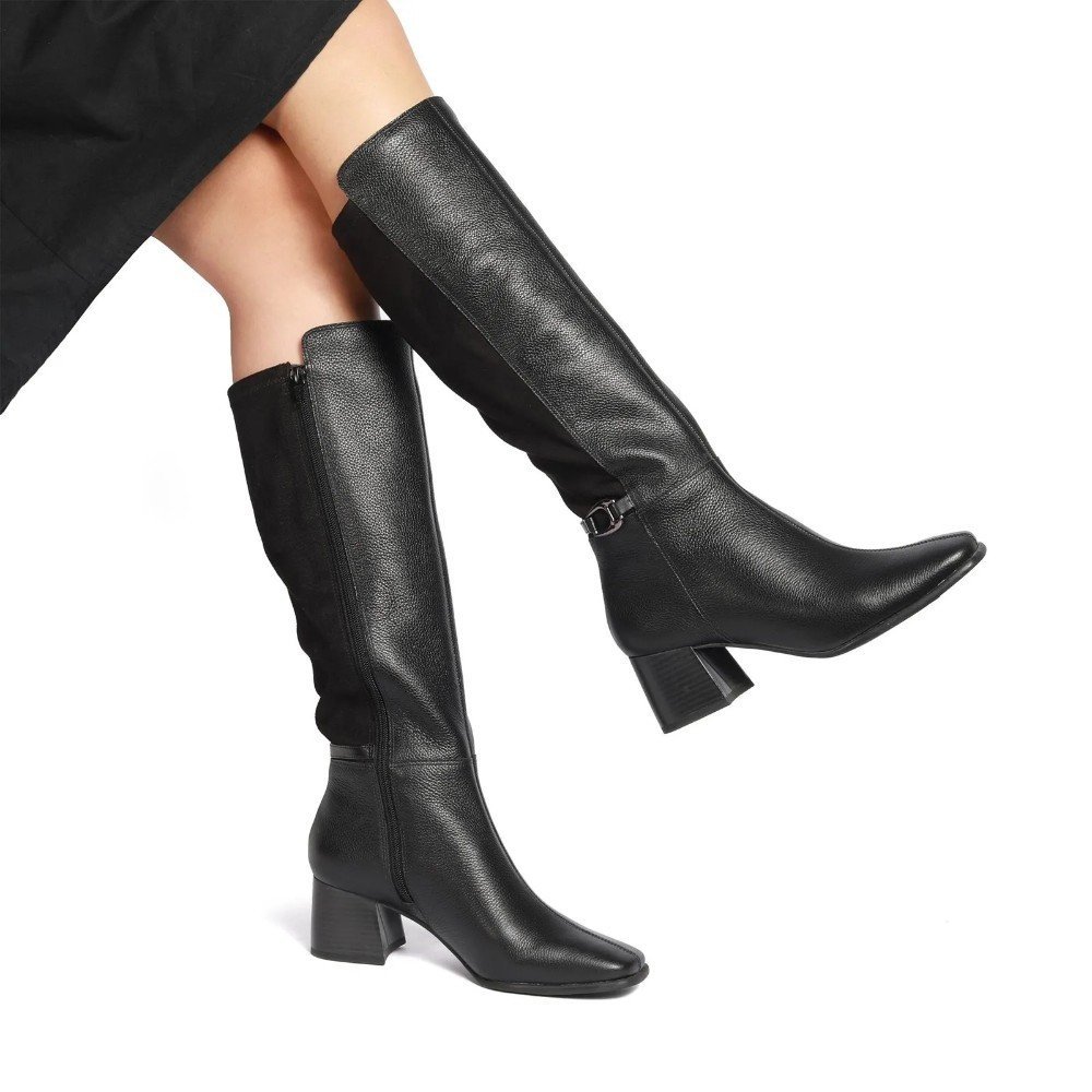 Bota Feminina Giulia Domna Salto Bloco Médio Cano Longo Couro Preto 2