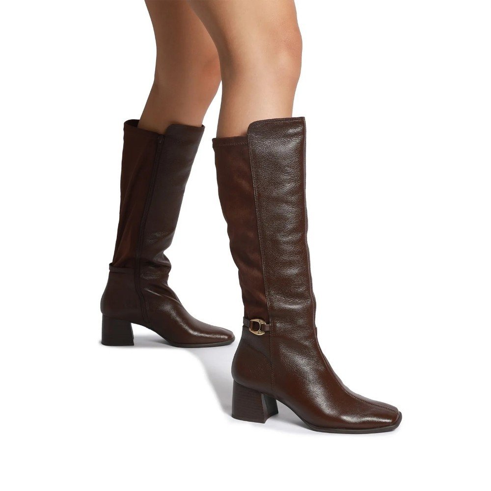 Bota Feminina Giulia Domna Salto Bloco Médio Cano Longo Couro Marrom 2