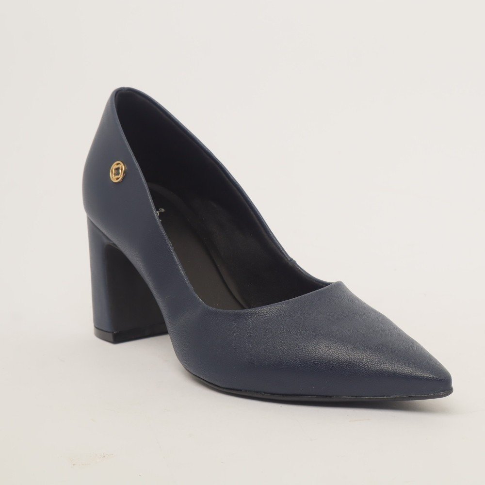 Scarpin Sapato Da Corte Salto Bloco Médio Liso Azul Marinho 2