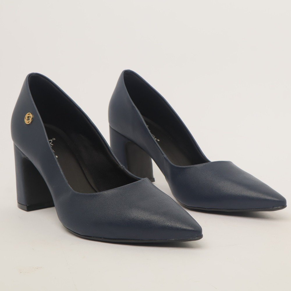 Scarpin Sapato Da Corte Salto Bloco Médio Liso Azul Marinho 3