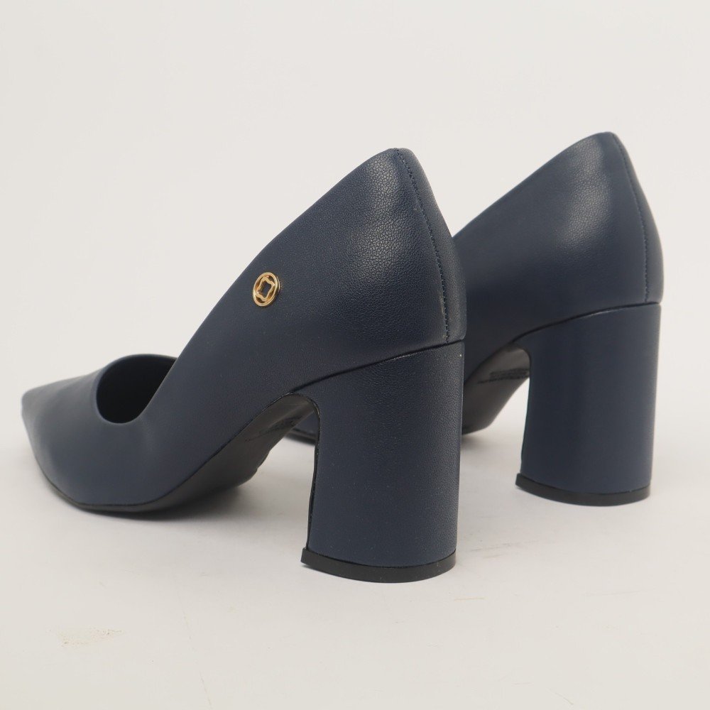 Scarpin Sapato Da Corte Salto Bloco Médio Liso Azul Marinho 4