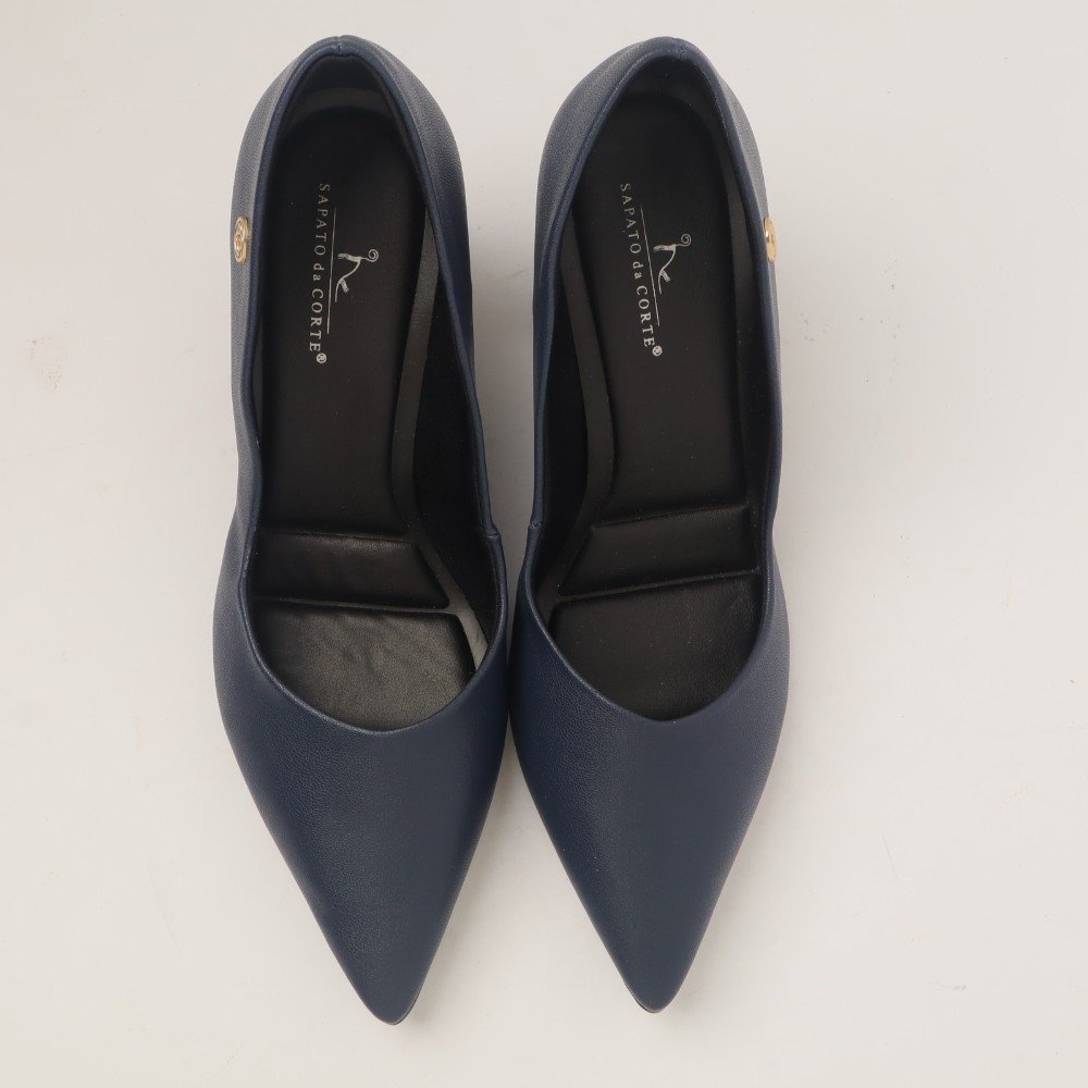 Scarpin Sapato Da Corte Salto Bloco Médio Liso Azul Marinho 5