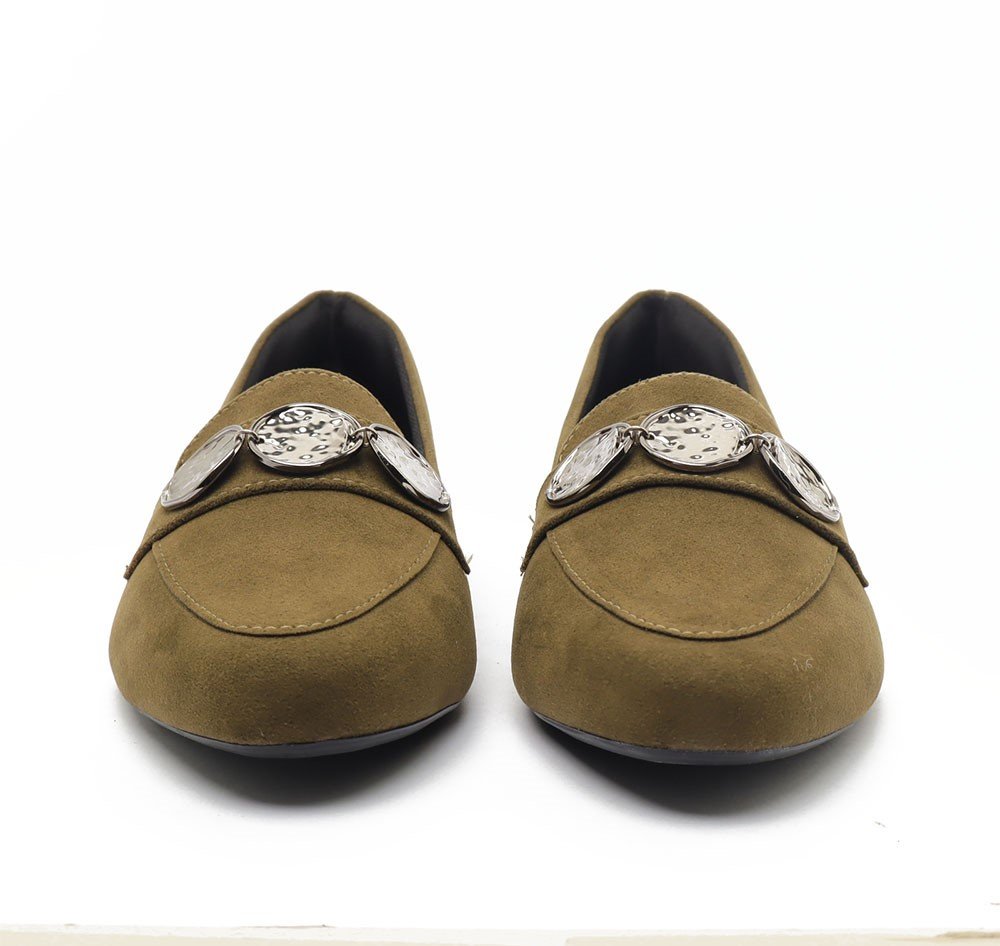 Mocassim Sapato da Corte Camurça Moedas Orgânicas Verde Militar 8