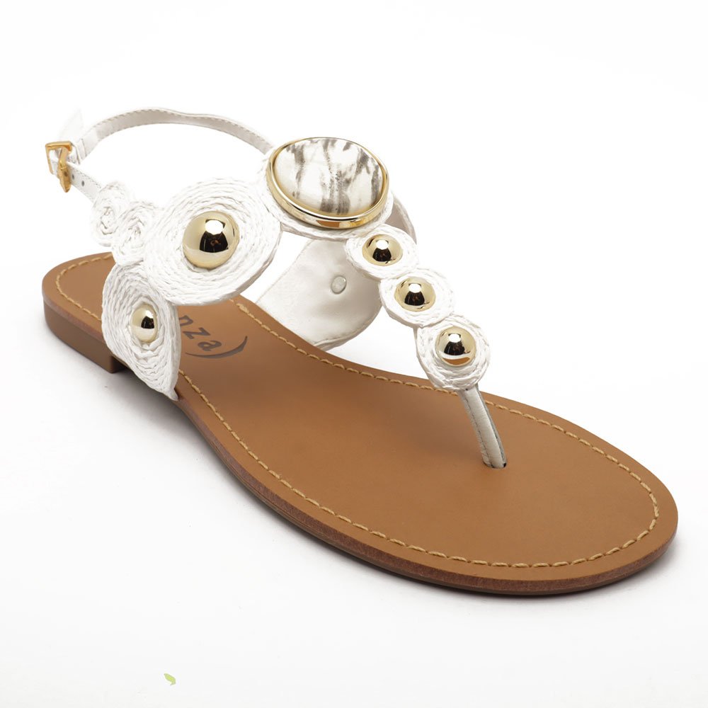 Sandália Flat Vicenza Bico Redondo Couro Esferas Pedra Off White 2