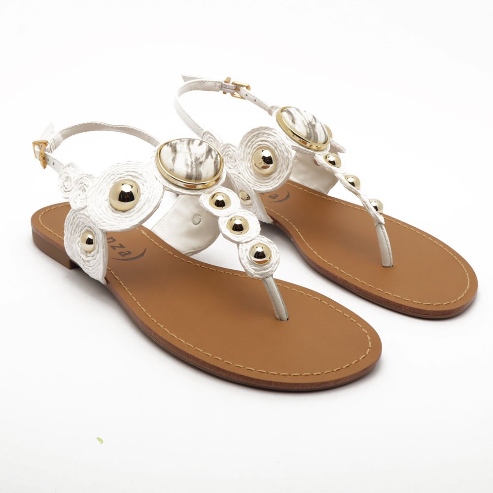 Sandália Flat Vicenza Bico Redondo Couro Esferas Pedra Off White 3