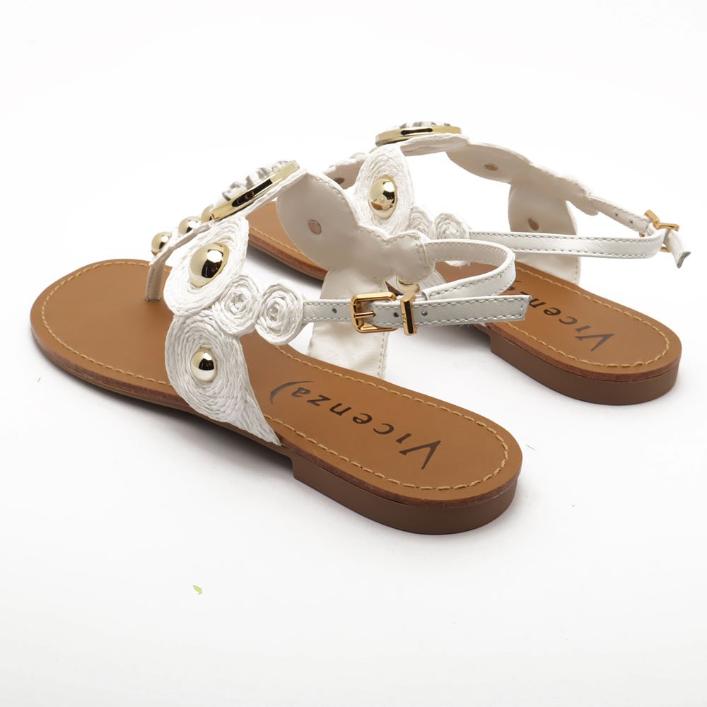 Sandália Flat Vicenza Bico Redondo Couro Esferas Pedra Off White 4