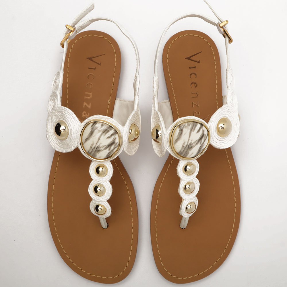 Sandália Flat Vicenza Bico Redondo Couro Esferas Pedra Off White 5