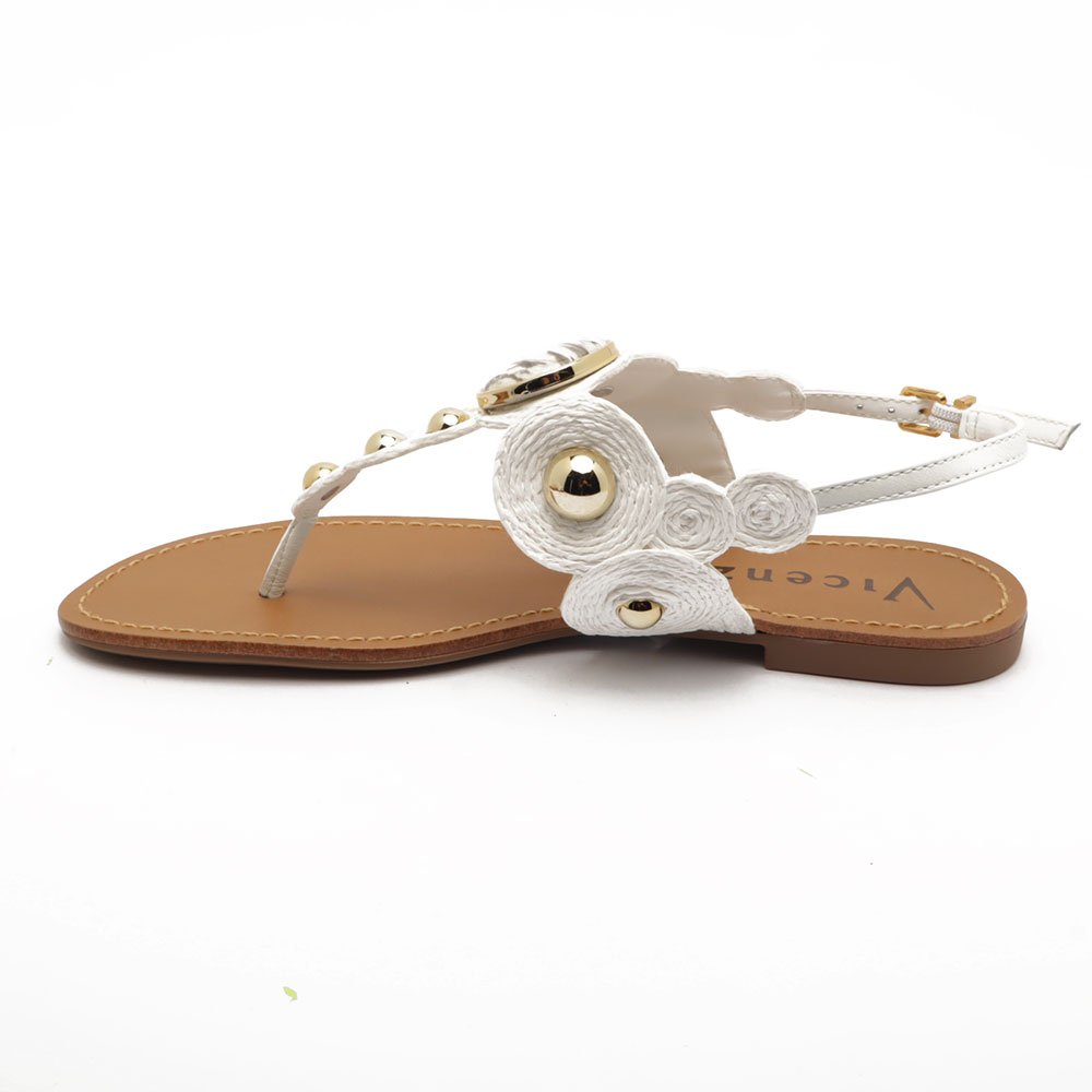Sandália Flat Vicenza Bico Redondo Couro Esferas Pedra Off White 6