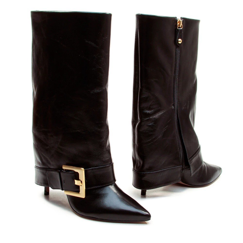 Bota Feminina Cecconello Couro Salto Fino Alto Capa Fivela Preto 7