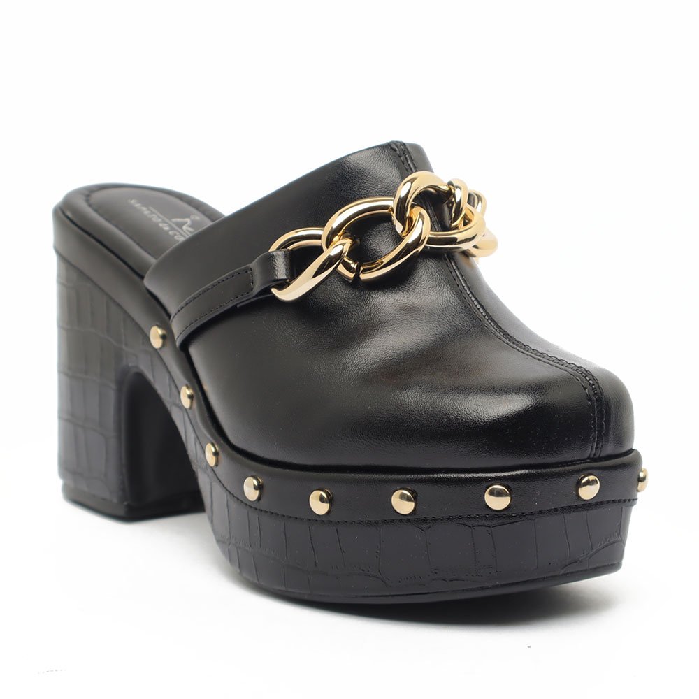 Tamanco Clog Sapato Da Corte Salto Alto Tachas Corrente Preto 2