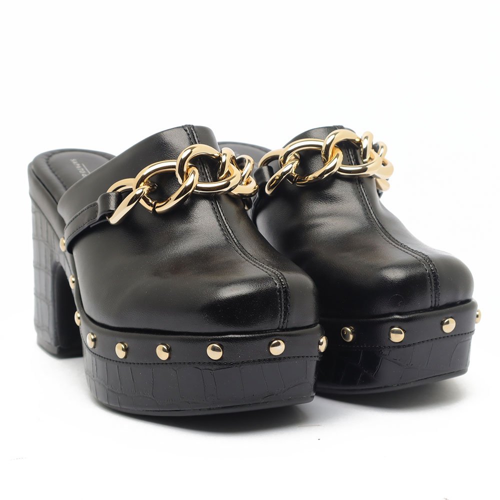 Tamanco Clog Sapato Da Corte Salto Alto Tachas Corrente Preto 3