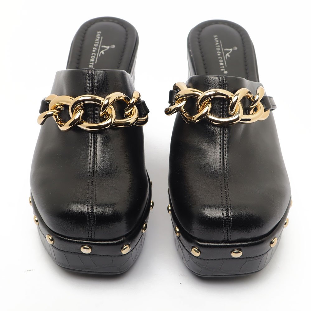 Tamanco Clog Sapato Da Corte Salto Alto Tachas Corrente Preto 5