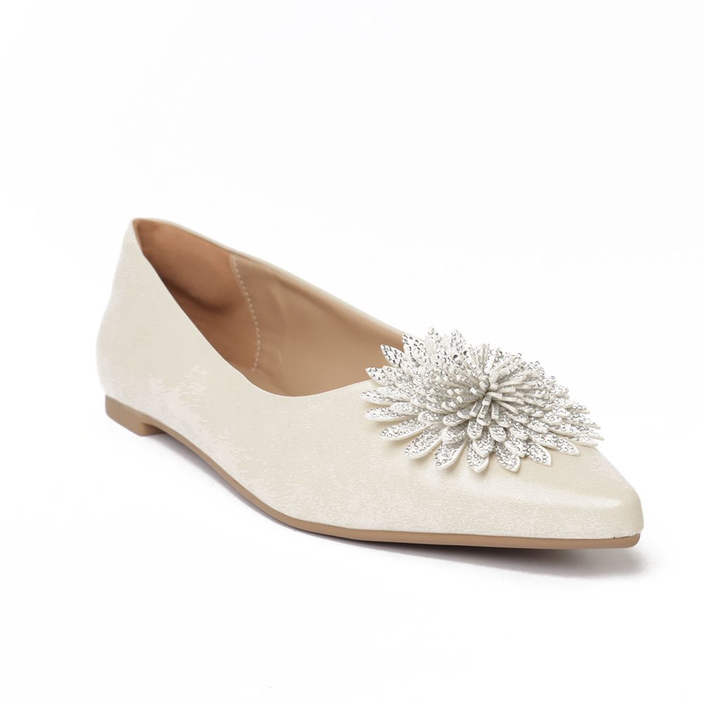 Sapatilha Feminina Sapato da Corte Bico Fino Flor de Strass Off White 2