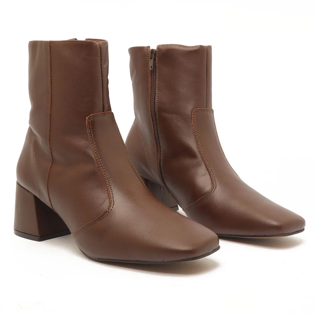 Bota Feminina Sapato Da Corte Salto Bloco Médio Couro -Produto 03 Chocolate 3
