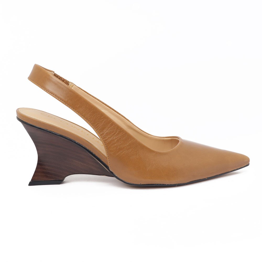 Slingback Cecconello Salto Anabela Alto Bico Fino Couro