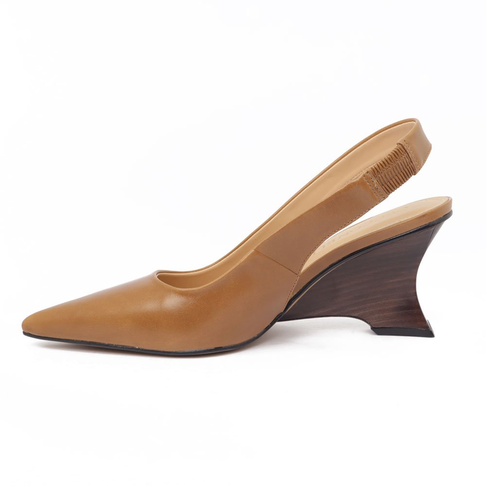 Slingback Cecconello Salto Anabela Alto Bico Fino Couro Caramelo 6