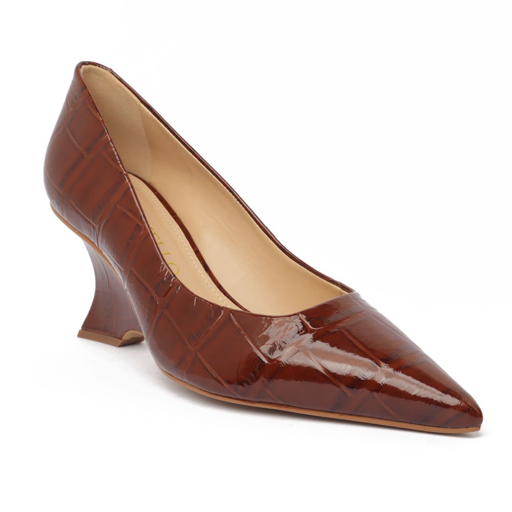 Scarpin Cecconello Salto Anabela Médio Bico Fino Texturizado Marrom 2
