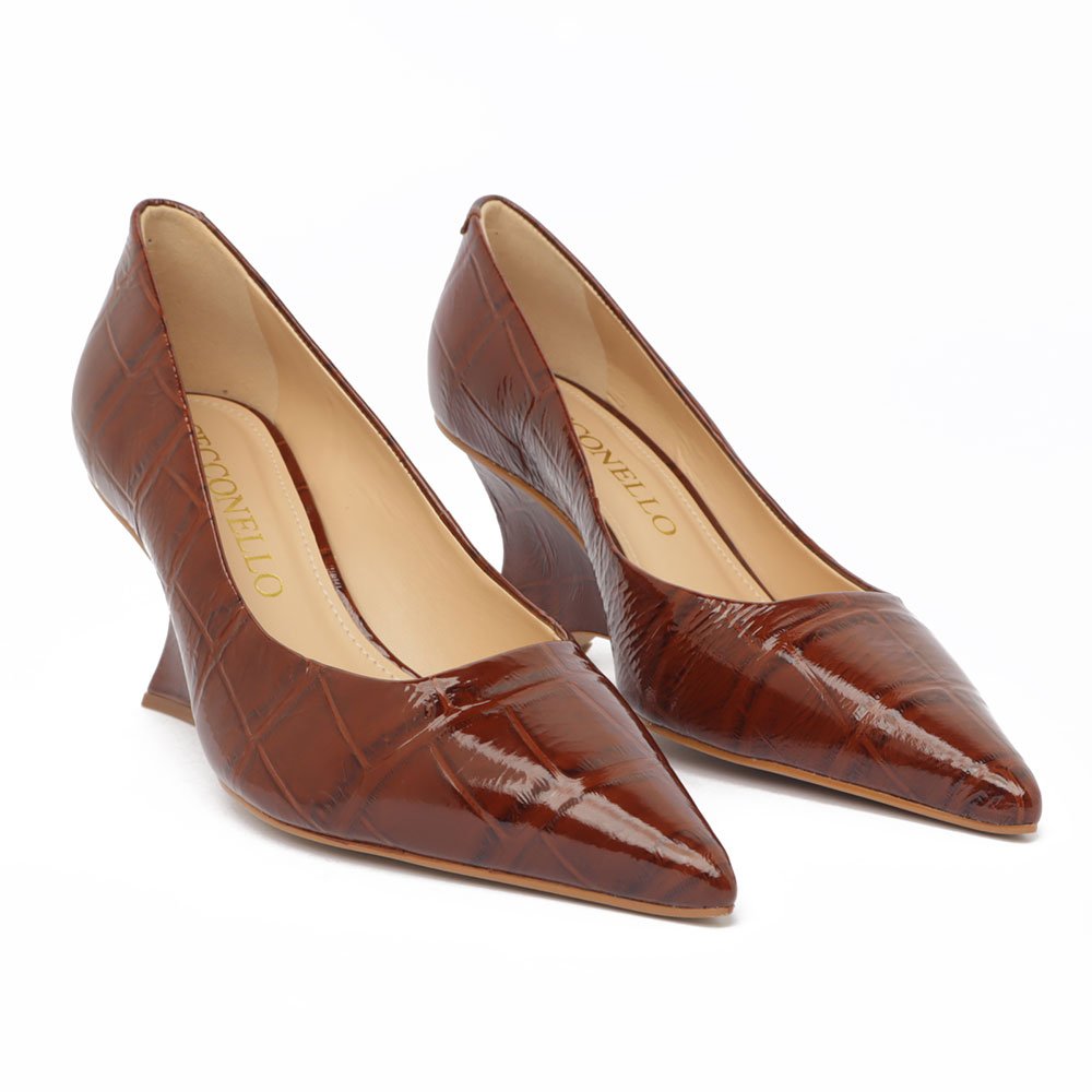 Scarpin Cecconello Salto Anabela Médio Bico Fino Texturizado Marrom 3